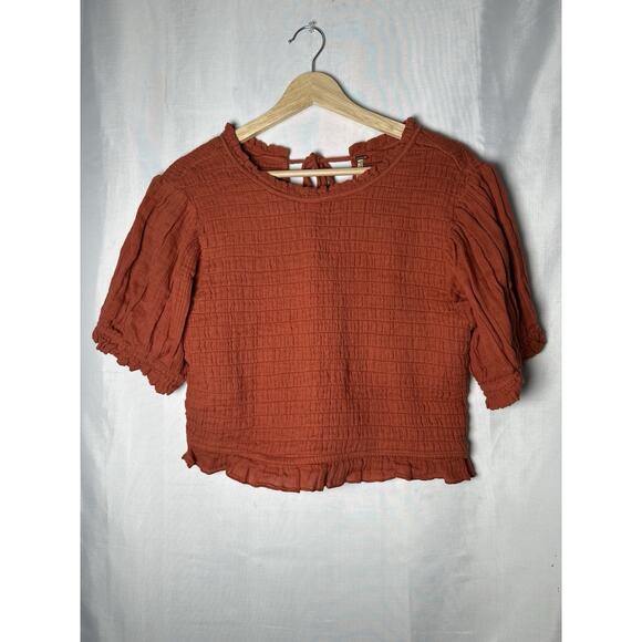 Free People Smocked Top Womens Sz XL Ruffle Peasant Stretchy Cropped Cottagecore - Picture 1 of 8